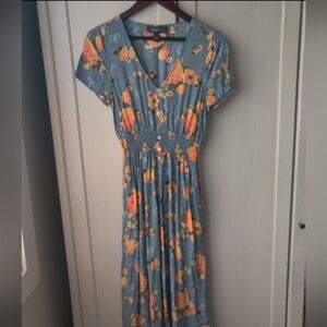 ModCloth Blue Midi Dress with Yellow & Orange Floral Print